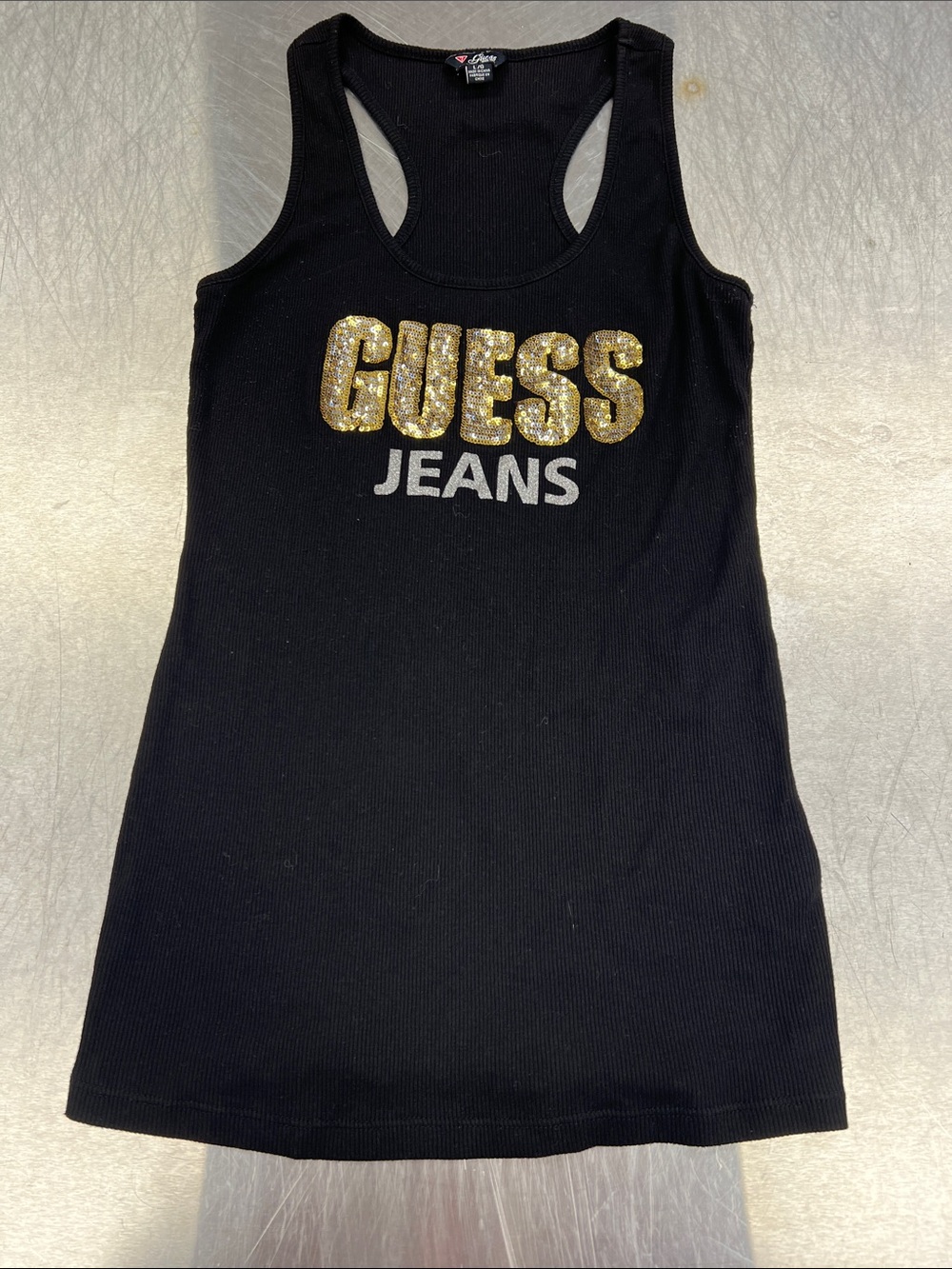 Guess Black Tank with Gold Sequin Logo Women’s L